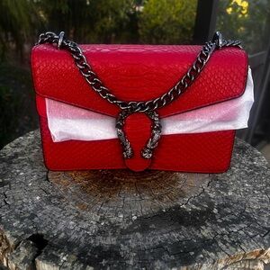 Neiman Marcus Red Reptile Horsebit Satchel Handbag